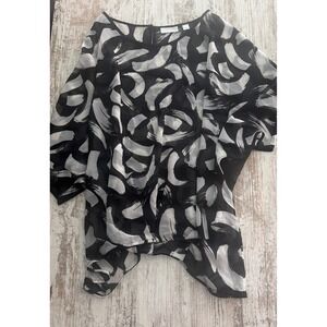 New York & Company Women XL Black White Abstract Brushstroke Sheer Dolman Blouse